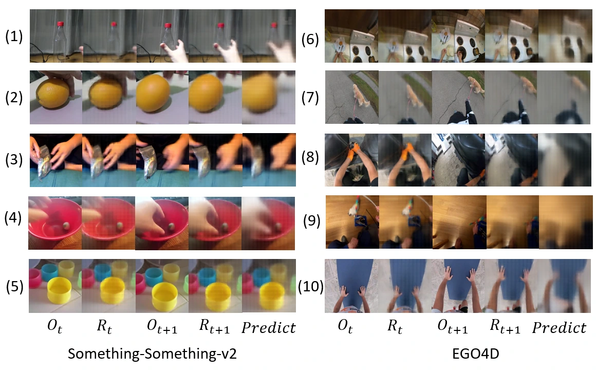 Five Something-Something-v2 examples and five Ego4D examples, each showing two observations, their reconstructions, and the predicted next frame.